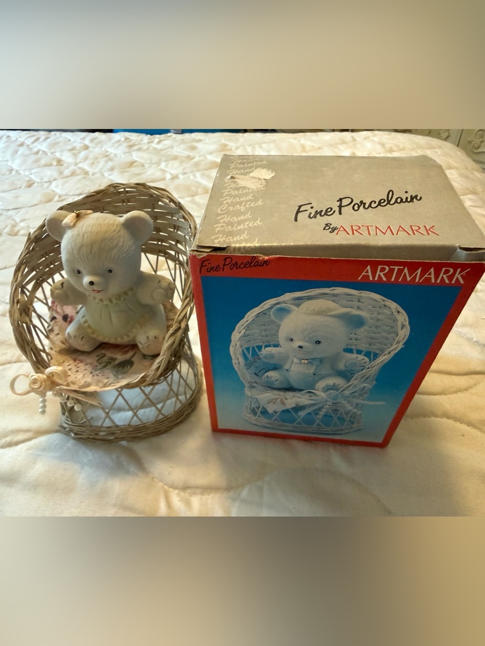 Vintage Artmark Fine Porcelain Teddy Bear Figurine in Wicker Chair with Box